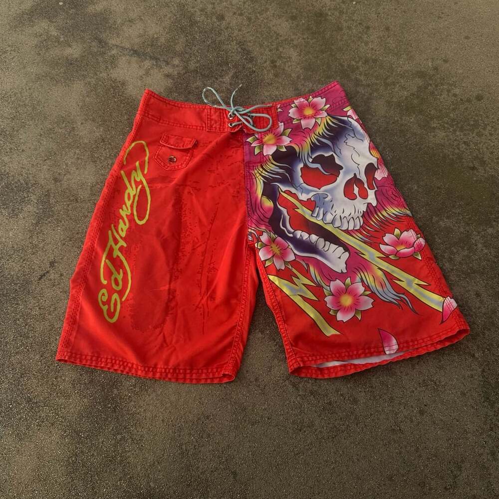 Ed Hardy Surf or Die Skull and Floral Board Shorts Red Size 34